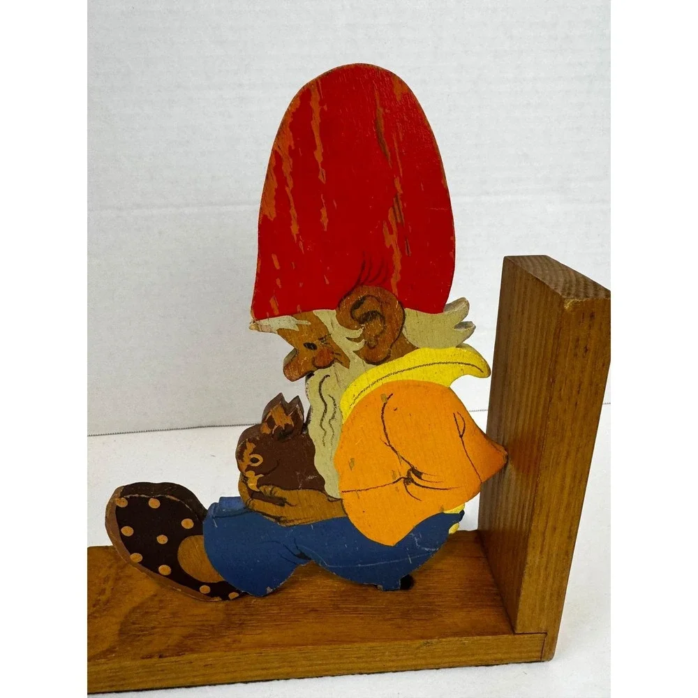 Vintage Wooden Gnome Bookend Hand Painted Elf Nursery Decor Whimsigoth Fairycore